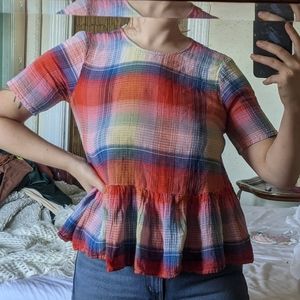 ZARA madras plaid rainbow peplum top